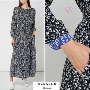 Weekend Max Mara Tasso Silk Ditsy Floral‎ Long Sleeve Maxi Dress Navy Blue 12